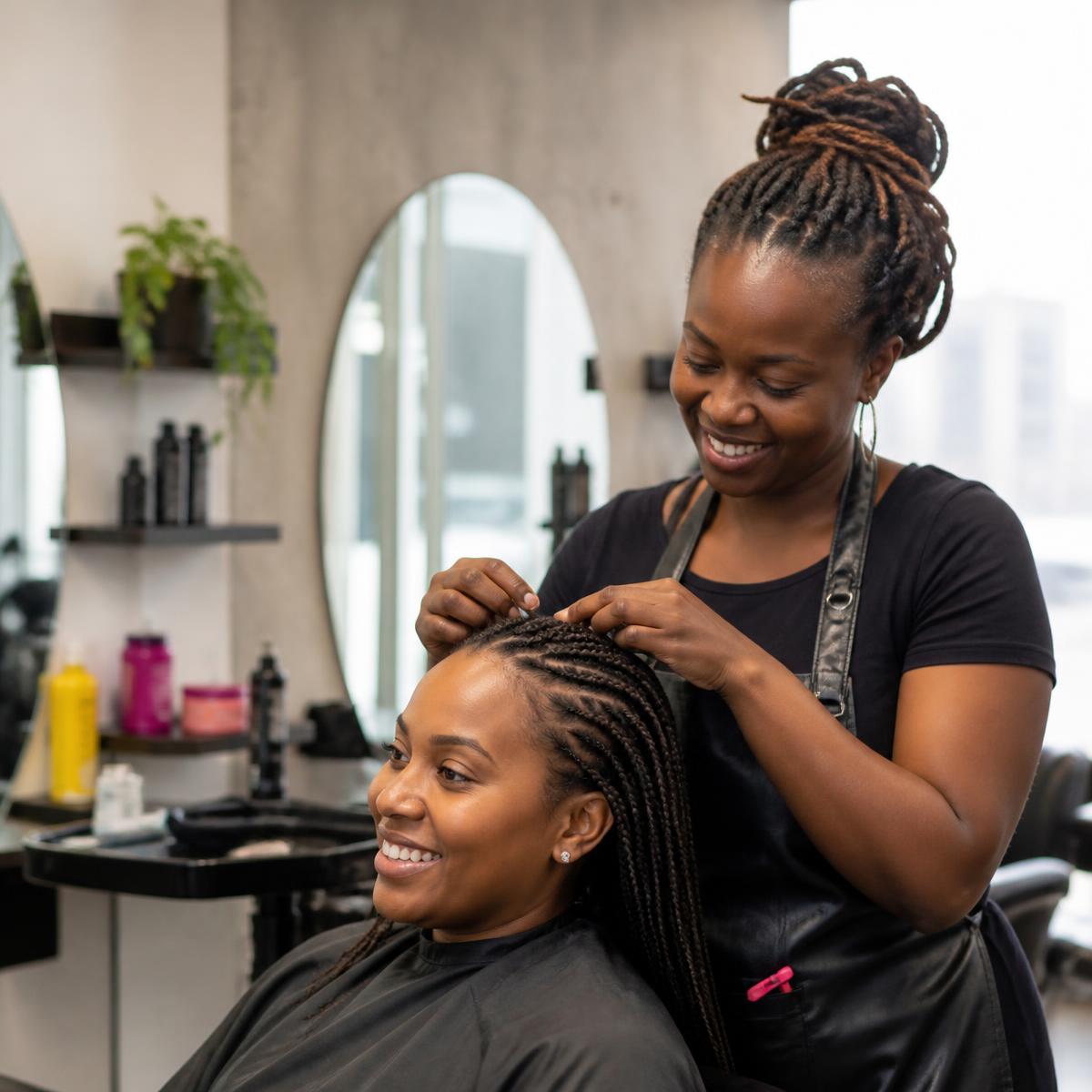 Nano Salon stylist braiding a client's hair in Kilimani